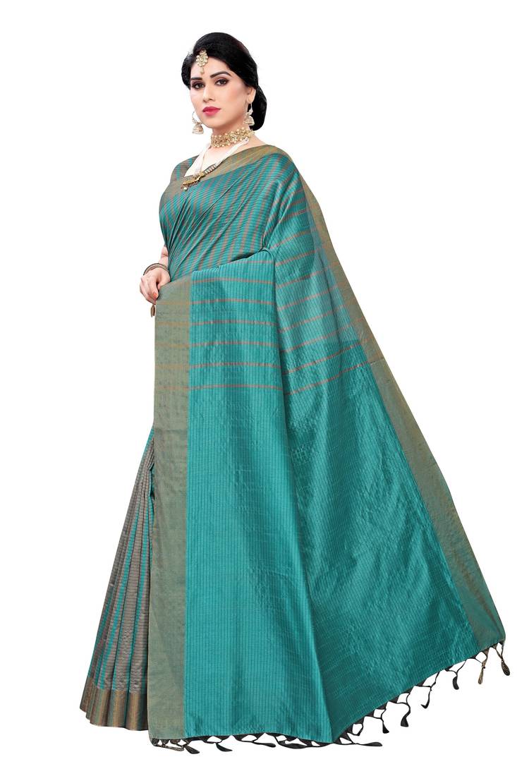 Women's  Rama Cotton Silk Printed Saree With Blouse Piece