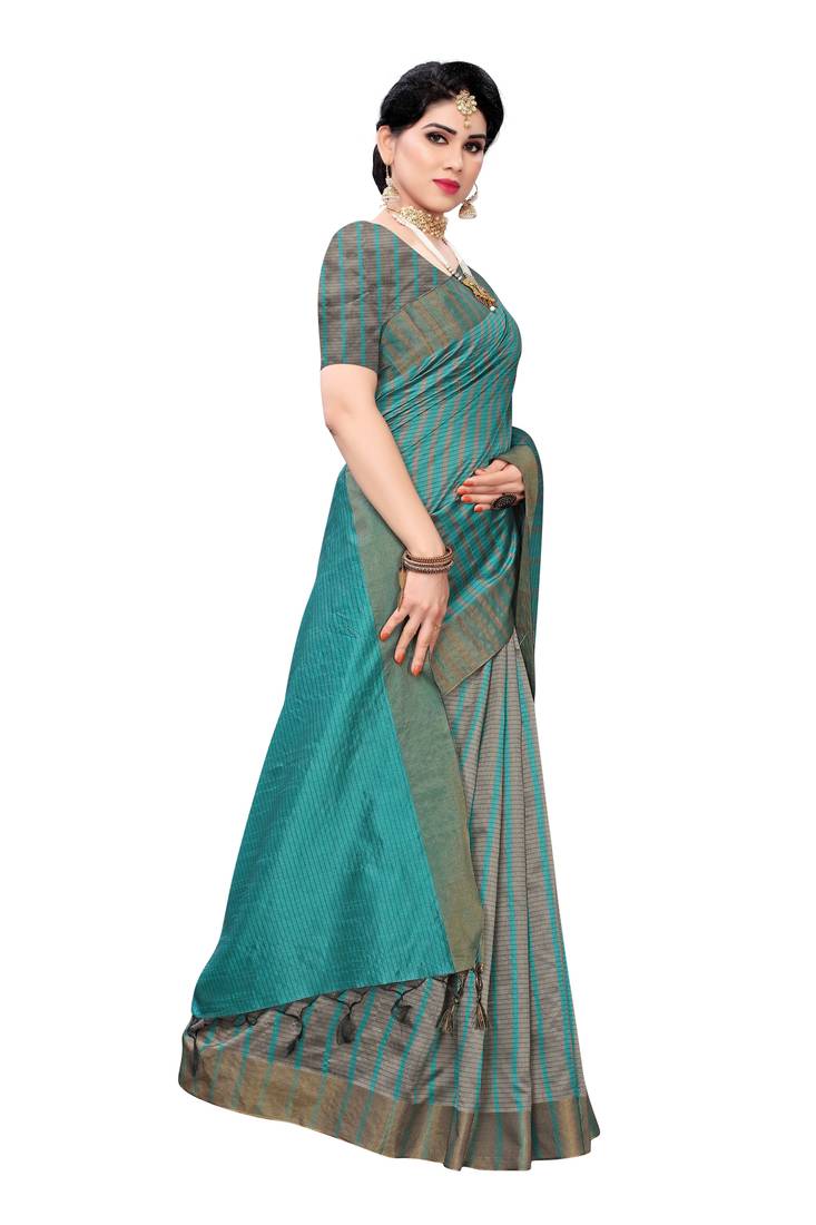 Women's  Rama Cotton Silk Printed Saree With Blouse Piece