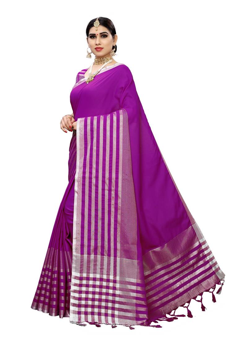 Women's  Purple Cotton Silk Printed Saree With Blouse Piece