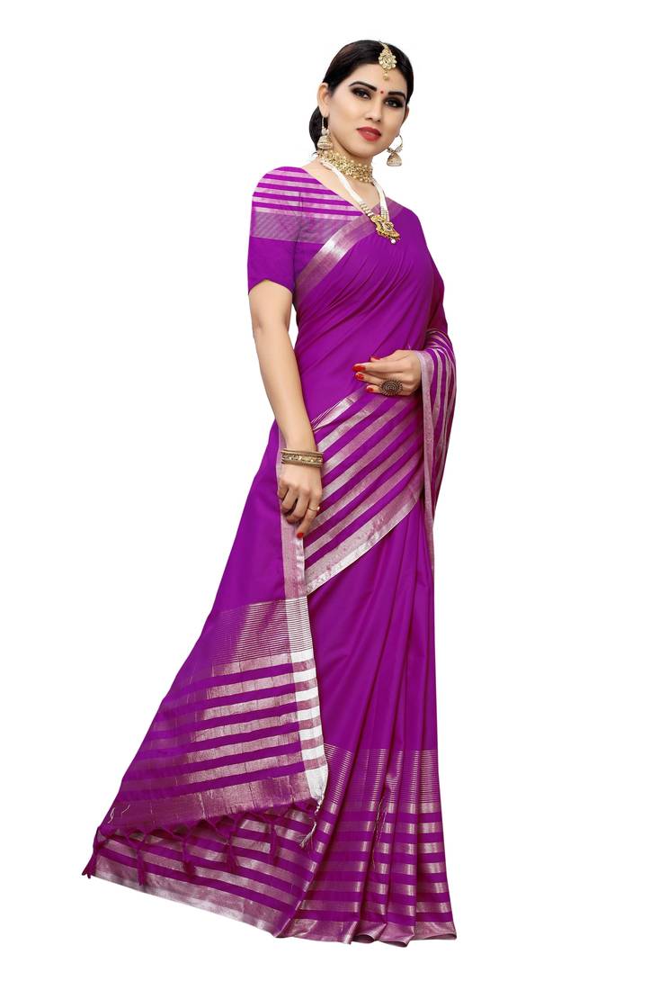 Women's  Purple Cotton Silk Printed Saree With Blouse Piece