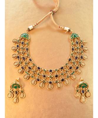 Multi Layered Lakshmi Ji Necklace set with blue and green beads 1