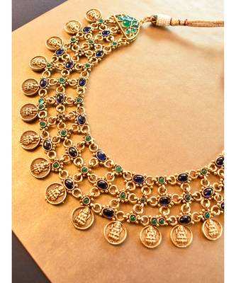 Multi Layered Lakshmi Ji Necklace set with blue and green beads 2