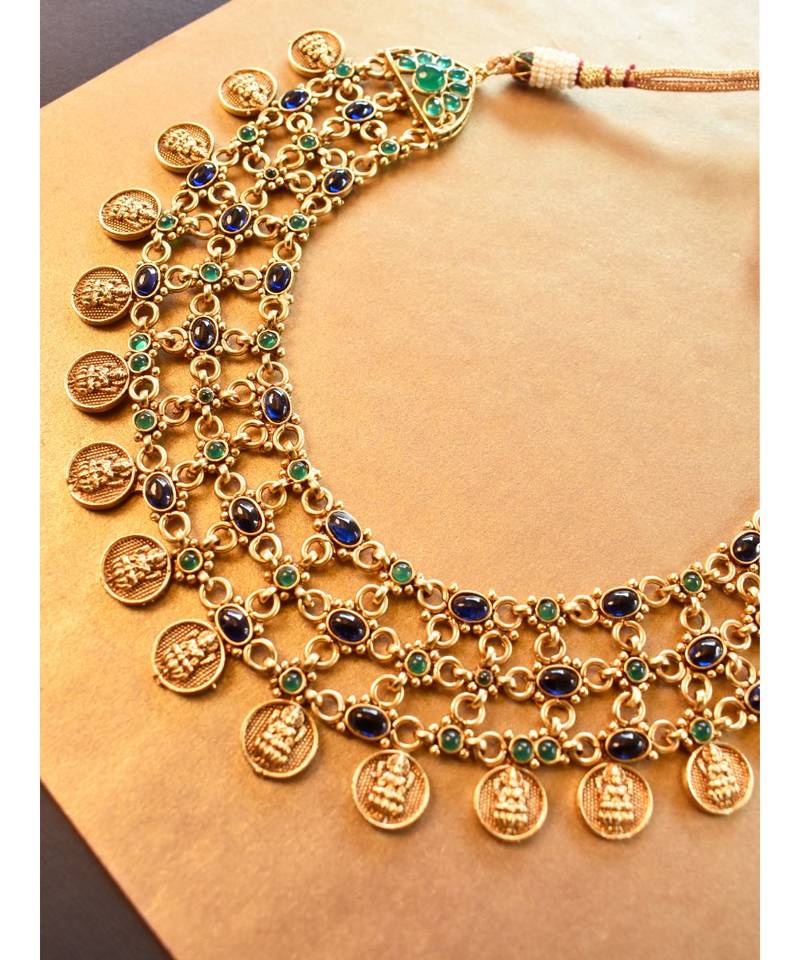 Multi Layered Lakshmi Ji Necklace set with blue and green beads