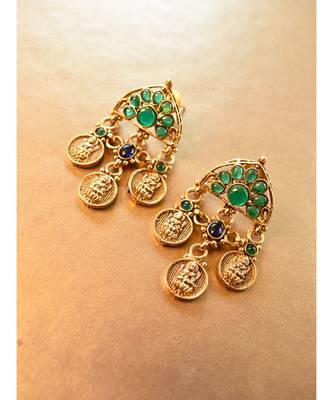 Multi Layered Lakshmi Ji Necklace set with blue and green beads 3