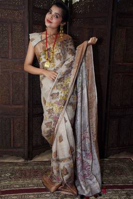 Unitex Fashion Premium Quality Grey Linen Digital kalamkari printed saree? 2