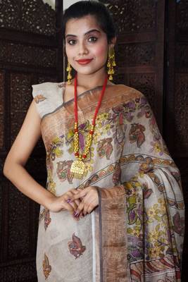 Unitex Fashion Premium Quality Grey Linen Digital kalamkari printed saree? 3