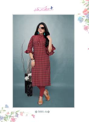 Red Cotton Straight Kurti with Checks Print Details 1