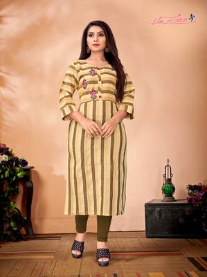 Beige Cotton Straight Cut Kurti Embroidered Details 1
