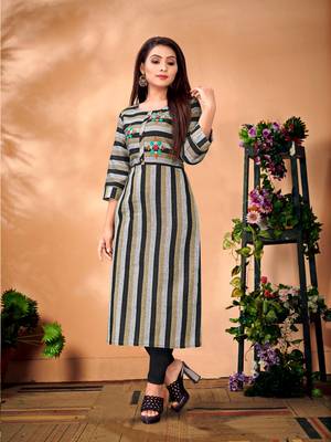 Beige & Black Cotton Straight Cut Kurti Embroidered Details 1