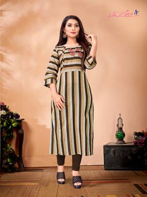 Beige & Brown Cotton Straight Cut Kurti Embroidered Details 1