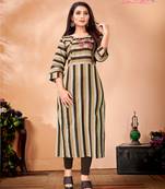 Beige & Brown Cotton Straight Cut Kurti Embroidered Details