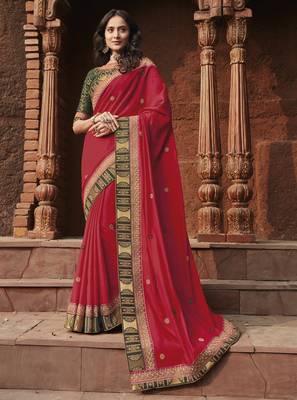 Red embroidered satin saree with blouse 1