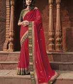 Red embroidered satin saree with blouse