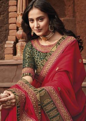 Red embroidered satin saree with blouse 2