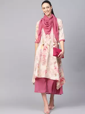 Pink printed polyester long-kurtis 1