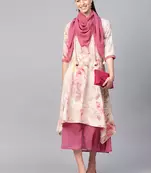 Pink printed polyester long-kurtis