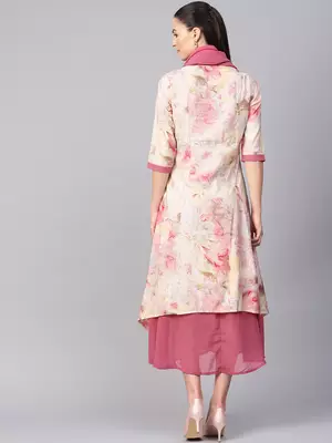 Pink printed polyester long-kurtis 2