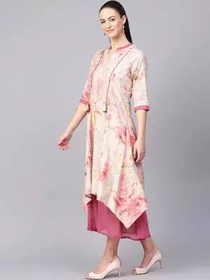 Pink printed polyester long-kurtis 3