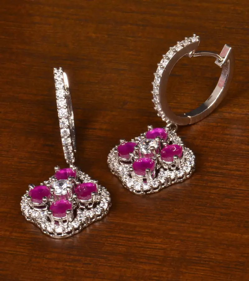 Rhodium Plated Ruby and American Diamond Embellished Danglers 216ED390
