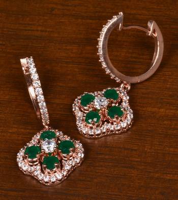 Rose Gold Plated American Diamond and Emerald Embellished Danglers 216ED392 1