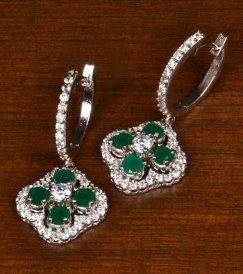 Rhodium Plated American Diamond and Emerald Embellished Danglers 216ED394 1