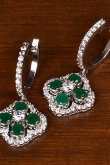 Rhodium Plated American Diamond and Emerald Embellished Danglers 216ED394