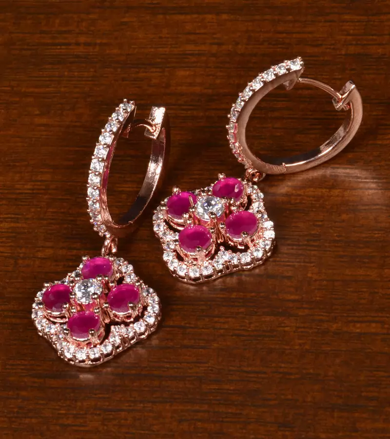 Rose Gold Plated American Diamond and Ruby Embellished Danglers 216ED395