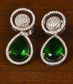 Rhodium Plated American Diamond and Green Stone Embellished Earrings 216ED396