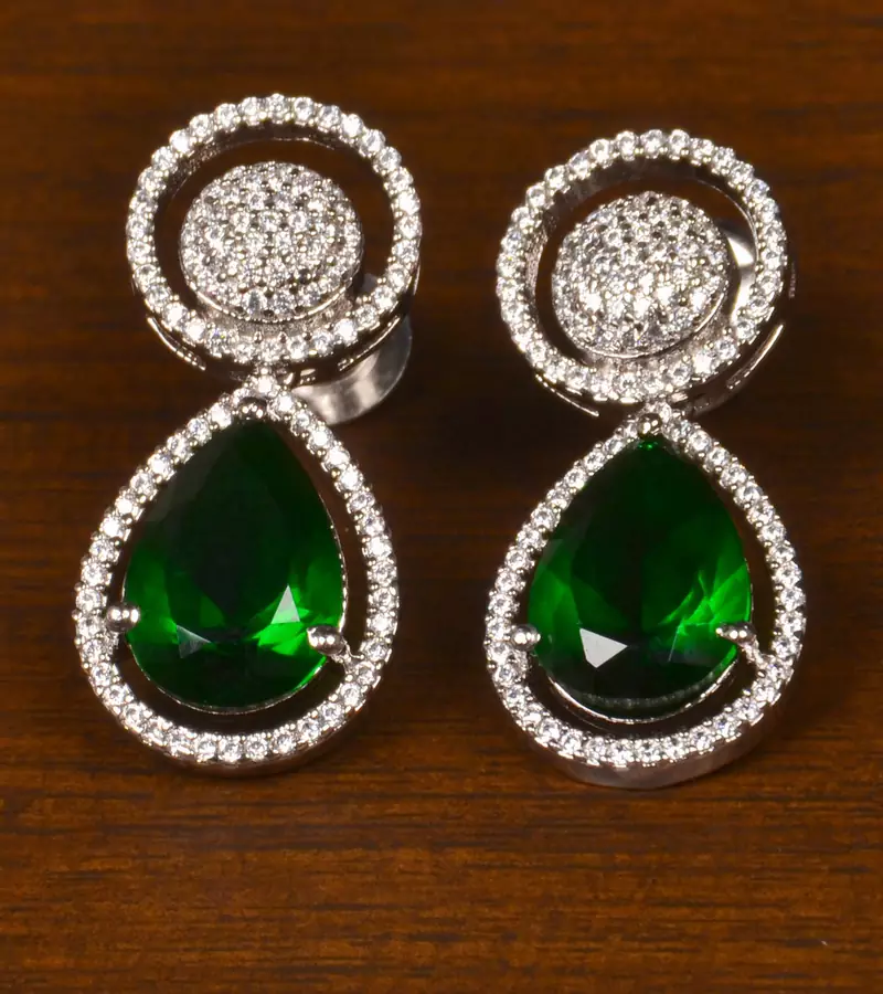Rhodium Plated American Diamond and Green Stone Embellished Earrings 216ED396