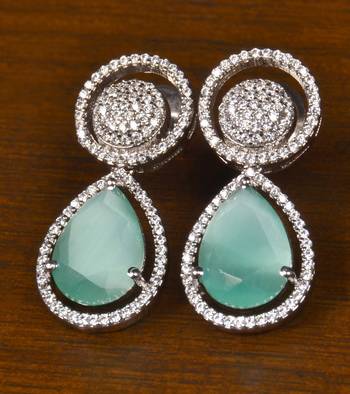 Rhodium Plated American Diamond and Mint Stone Embellished Earrings 216ED398 1