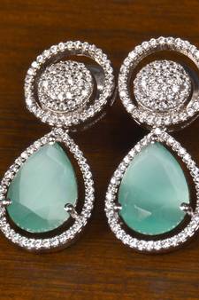 Rhodium Plated American Diamond and Mint Stone Embellished Earrings 216ED398