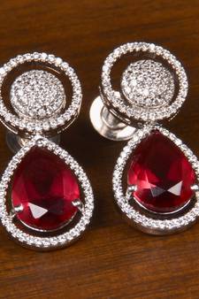 Rhodium Plated American Diamond and Magenta Stone Embellished Earrings 216ED399