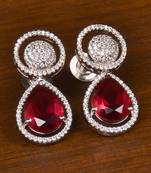 Rhodium Plated American Diamond and Magenta Stone Embellished Earrings 216ED399
