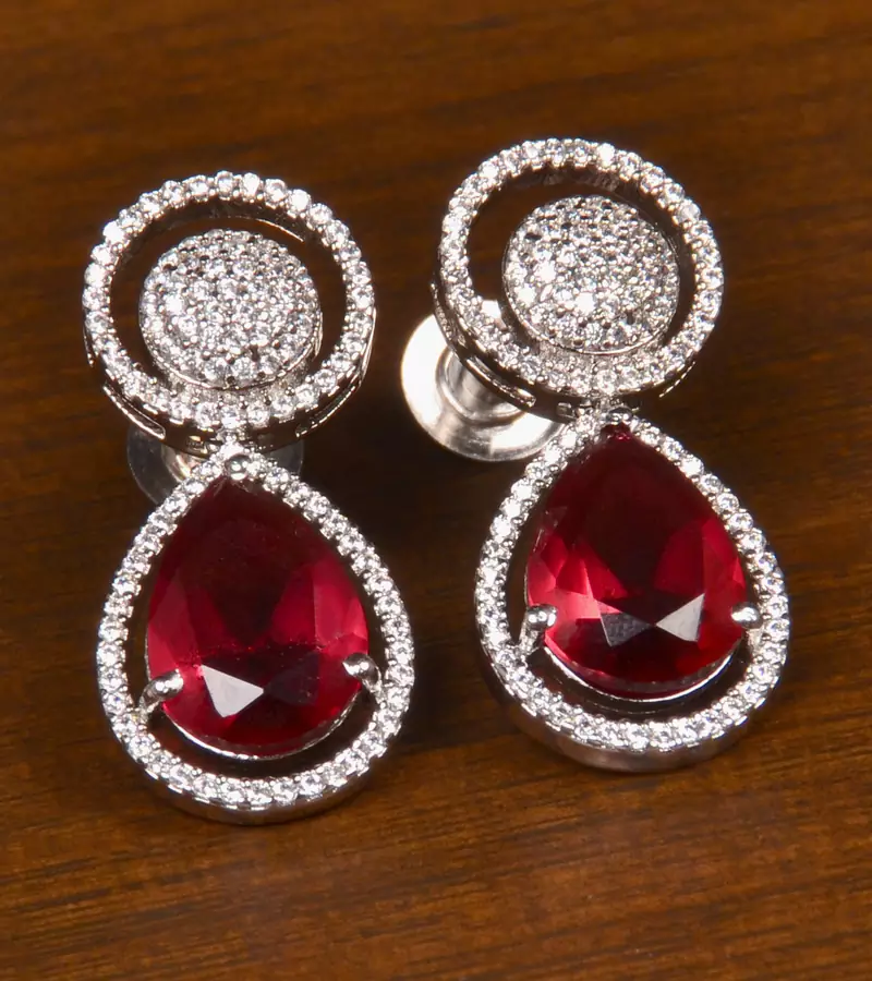 Rhodium Plated American Diamond and Magenta Stone Embellished Earrings 216ED399