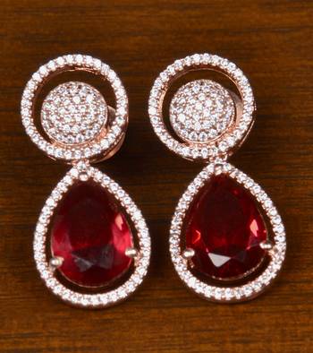 Rose Gold Plated American Diamond and Magenta Stone Embellished Earrings 216ED402 1