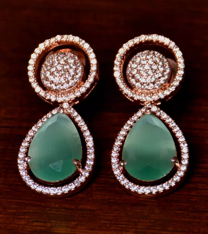 Rose Gold Plated American Diamond and Mint Stone Embellished Earrings 216ED403