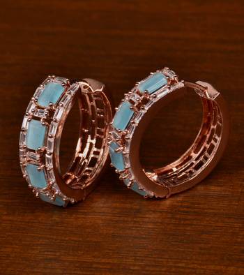 Rose Gold Plated American Diamond and Sky Stone Embellished Designer Hoops 216ED404 1