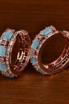Rose Gold Plated American Diamond and Sky Stone Embellished Designer Hoops 216ED404