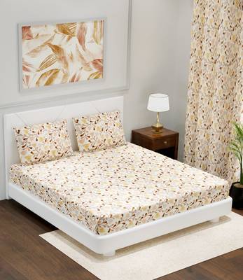 TC Pure Cotton Floral Print Premium Double Bed Bedsheet (100 In x 108 In) with 2 pillow cover - Beige, Brown and Orange 1