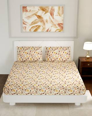 TC Pure Cotton Floral Print Premium Double Bed Bedsheet (100 In x 108 In) with 2 pillow cover - Beige, Brown and Orange 2