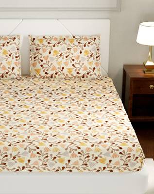 TC Pure Cotton Floral Print Premium Double Bed Bedsheet (100 In x 108 In) with 2 pillow cover - Beige, Brown and Orange 3