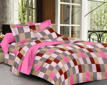 Pure Cotton Checkered Print Double Bed Bedsheet (90 In x 108 In) with 2 pillow cover - Pink 1