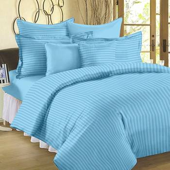 Premium Luxury Cotton Satin Striped Double Bed King Size Bedsheet (100 In x 108 In) with 2 pillow cover - Sky Blue 1