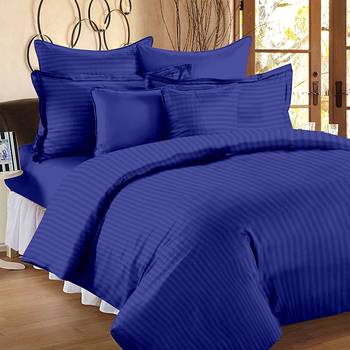 Premium Luxury Cotton Satin Striped Double Bed King Size Bedsheet (100 In x 108 In) with 2 pillow cover - Blue 1