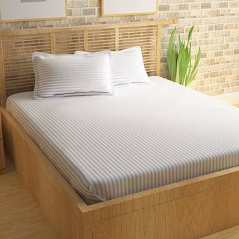 Premium Luxury Cotton Satin Striped Double Bed King Size Bedsheet (100 In x 108 In) with 2 pillow cover - White 1