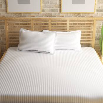 Premium Luxury Cotton Satin Striped Double Bed King Size Bedsheet (100 In x 108 In) with 2 pillow cover - White 2
