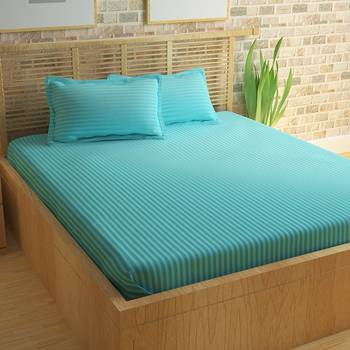 Premium Luxury Cotton Satin Striped Double Bed King Size Bedsheet (100 In x 108 In) with 2 pillow cover - Sky Blue 1