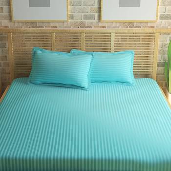 Premium Luxury Cotton Satin Striped Double Bed King Size Bedsheet (100 In x 108 In) with 2 pillow cover - Sky Blue 2
