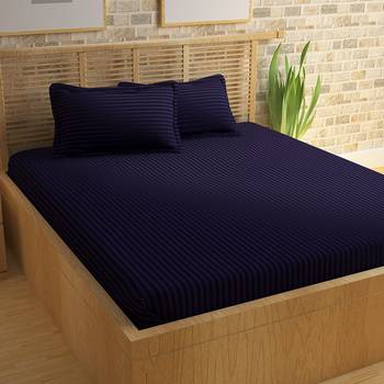 TC Premium Luxury Cotton Satin Striped Double Bed King Size Bedsheet (100 In x 108 In) with 2 pillow cover - Purple 1