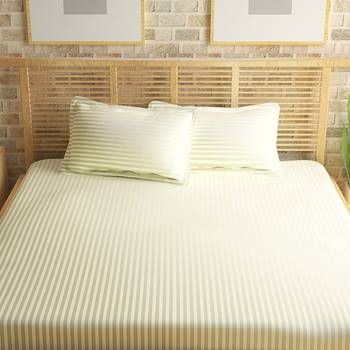 TC Premium Luxury Cotton Satin Striped Double Bed King Size Bedsheet (100 In x 108 In) with 2 pillow cover - Off White 2